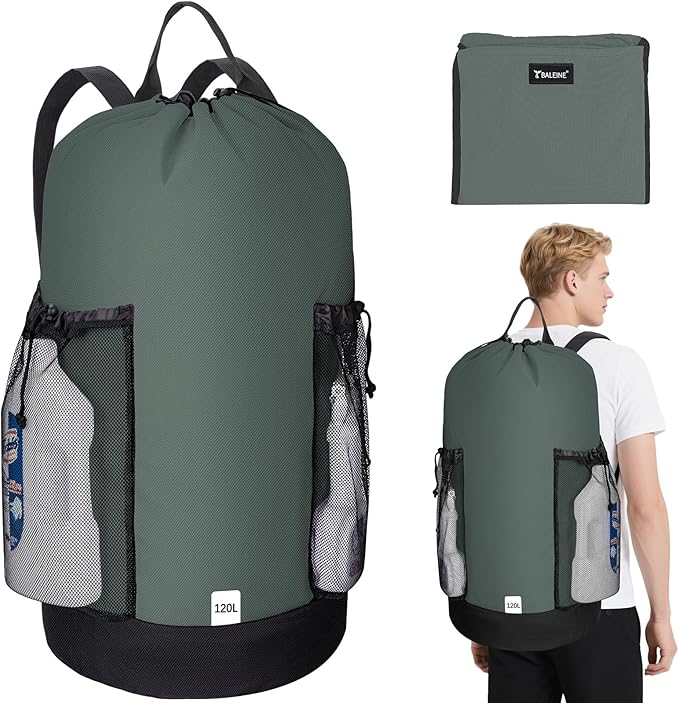 BALEINE 120L Laundry Bag Backpack, 900D Oxford Fabric Large Travel Laundry Bags with Shoulder Straps and 2 Mesh Pockets for College Dorm, Apartment, Laundromat (Dark Grey, 120L)