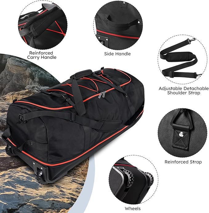 110L Expandable to 140L 32” Foldable Oxford Soft-Sided Rolling Duffle Bag with 2 Heavy-Duty Wheels,3 Large Compartments,Adjustable Shoulder Strap and Attached Organizer Pouch,Black Red
