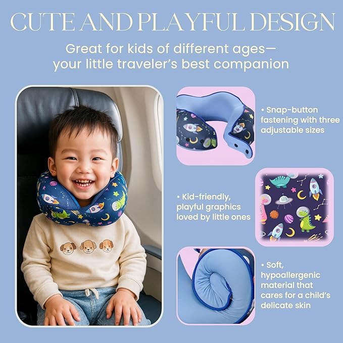 SKYTRAX® Certified Kids Safe Memory Foam Travel Neck Pillow for Kids and Toddlers, Cute Cartoon Design, Car Seat & Airplane Head Neck Support, Adjustable Snap Button, Washable Soft Cover (Dinosaur)