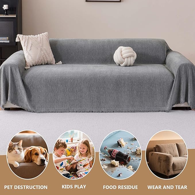 Chenille Couch Cover for 3 Cushion Sofa Pet Friendly Furniture Covers, Boho Sofa Covers Washable L Shape 3 Seater Couch Cover, 71"x 150", Grey