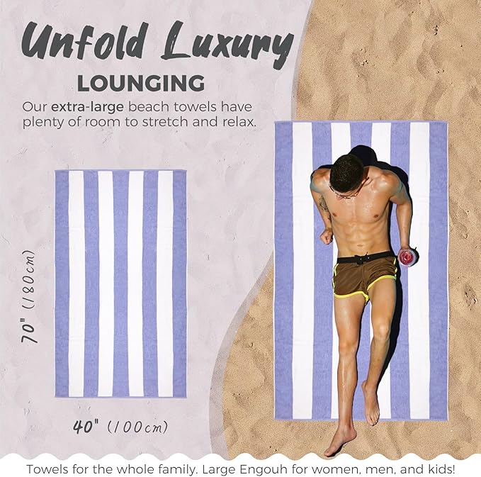 Cotton Oversized Beach Towel - 40 x70 Inch Extra Large Striped Pool Towel, Big Soft Terry Cloth Blue Cabana Swim Towel