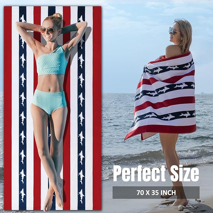 cabanana Large Beach Towel Oversized - Cotton Velour 35 x 70 Inch Shark Striped Terry Pool Towel, Cabana Soft Swimming Towel for Adults Women Men (Navy Red)
