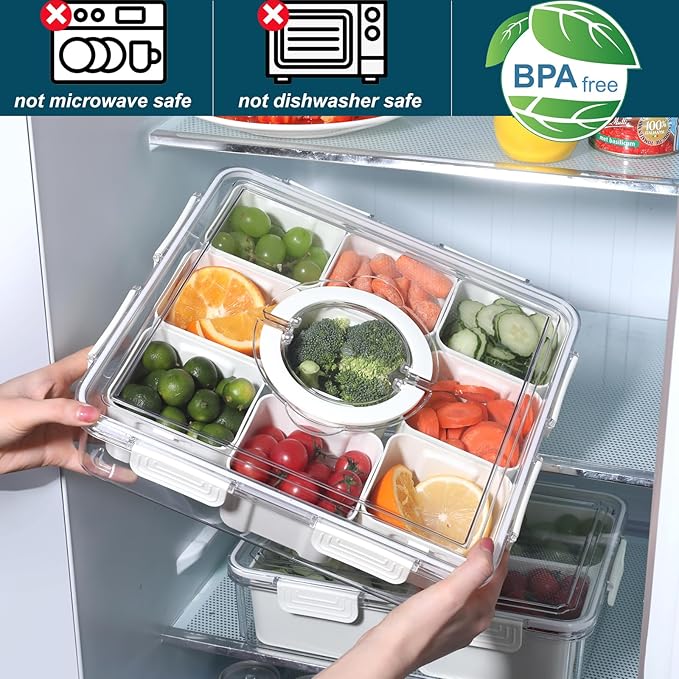 Taiuloo Divided Serving Tray with Airtight Lid and Handle, 9 Compartment Snackle Box Container, Portable Snack Platters, Clear Fridge Organizer & Food Storage for Veggie, Fruit, Charcuterie, Nuts