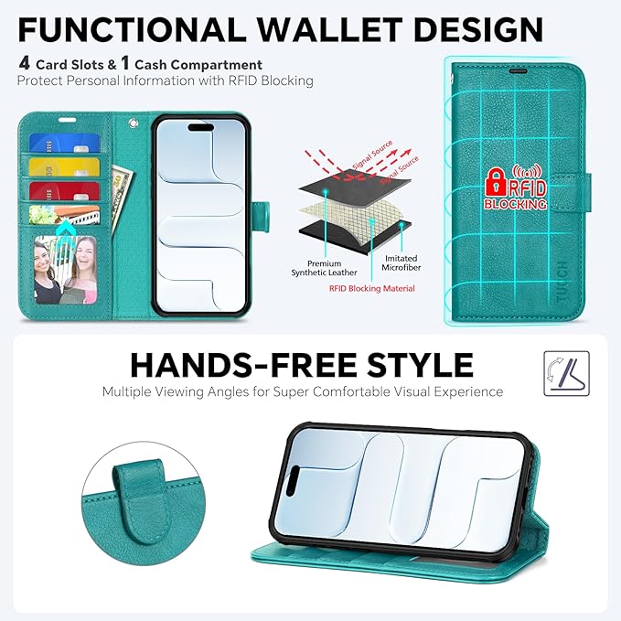 TUCCH Detachable Case Wallet for iPhone Air (6.5") 2025, Wrist Strap | 4 Card Slots RFID Blocking | Wireless Charging | Stand | 2-in-1 Magnetic | PU Leather | Shockproof Folio Cover | Cyan