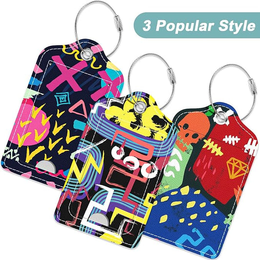 Rimilak 3 Pcs PU Leather Luggage Tags for Suitcase, Travel Cruise Luggage Tag with Privacy Flap, Name ID Label and Metal Loop for Women Men Baggage Handbag School Bag Backpack, Graffiti