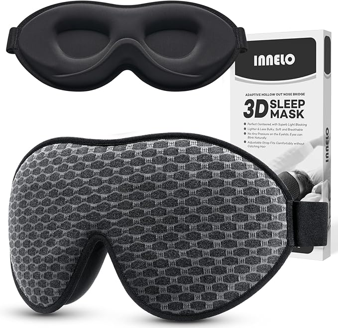 INNELO 3D Contoured Sleep Mask for Side Sleepers, 100% Light Blocking Sleeping Mask for Men & Women, Soft, No Pressure on Eyes, Airplane Blindfold for Travel, Night Eye Cover for Nap, Yoga, Grey