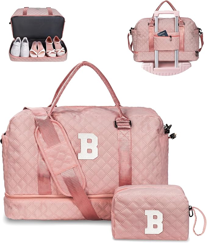 Vogewood Trip Gifts for Mom From Daughter - 5 6 7 8 9 10 11 12 13 14 15 16 Year Old- Duffle Bag with Shoe Compartment,Teen Weekender Bag, Letter Travel Bag with Makeup Bag (Letter B)