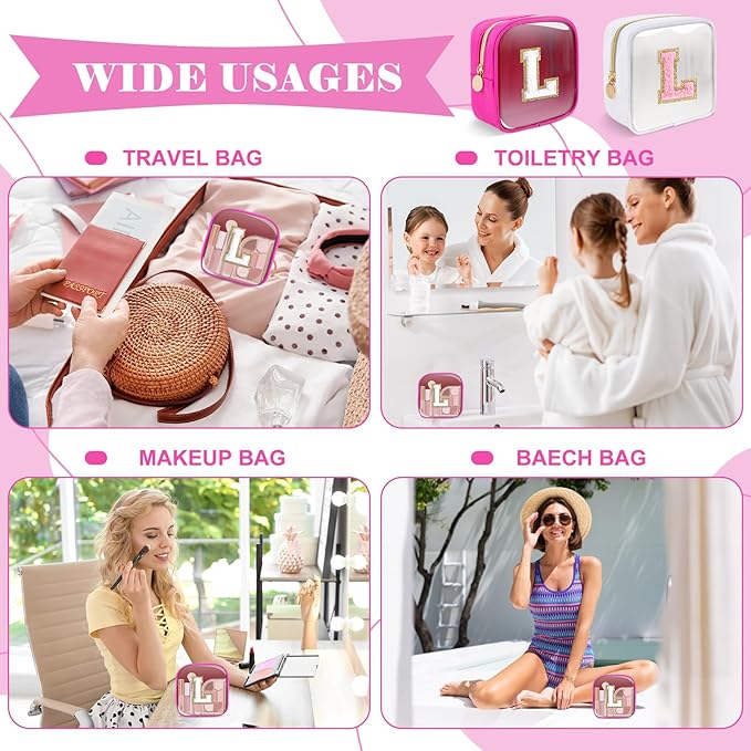 Personalized Initial Letter Clear Preppy Makeup Bag,Mini Nylon Chenille Letter Cosmetic Bag Cute Zipper Pouch Coin Purse for Teen Girls,Portable TSA Approved Travel Essentials Bag Gift for Women,L