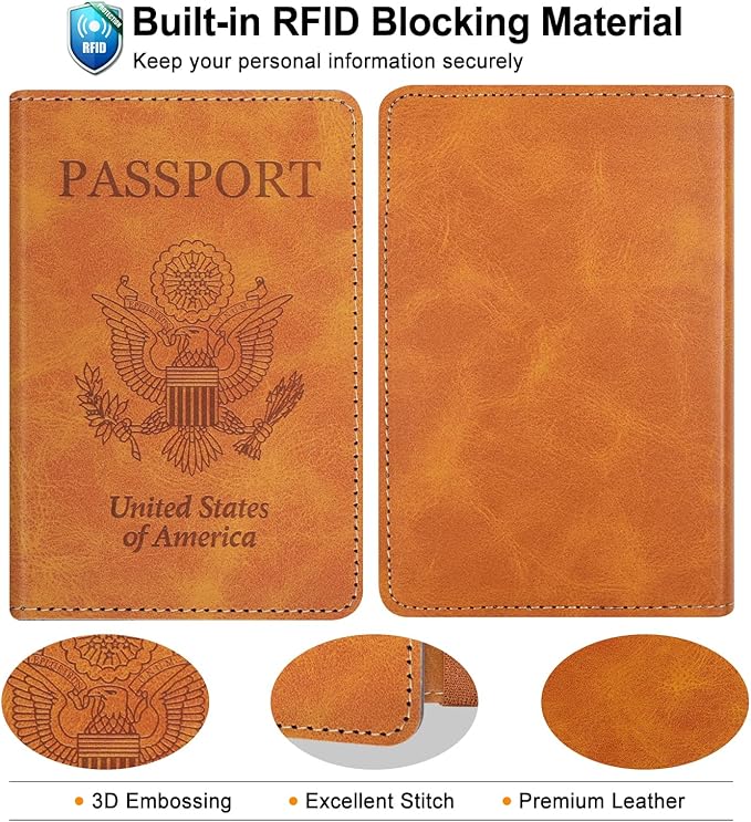 RSAquar Passport Holder for Women and Men, Premium PU Leather Travel Passport Wallet RFID Blocking Passport Cover Travel Documents Organizer with Pen Holder, Brown#2