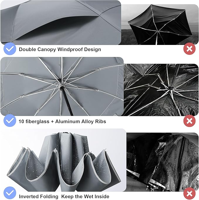 Urvoix Compact Golf Umbrellas Windproof, Travel Umbrella for Rain, 10 Ribs Aluminum Alloy & Fiberglass w/Reflective Stripe, Double Canopy Automatic Anti-bounce Close