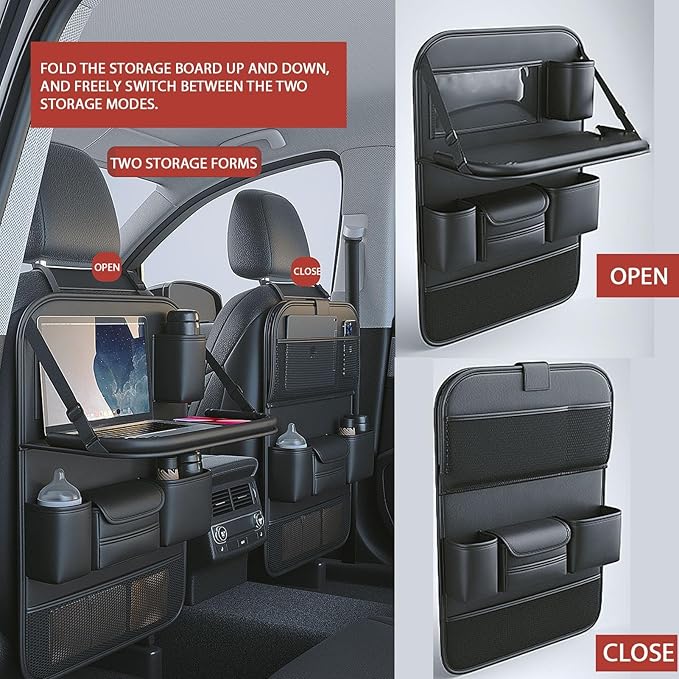 Car Backseat Organizers and Storage, PU Leather Car Seat Back Protector with Foldable Table Tray and Touch Screen Phone Holder, Suitable for Most Vehicles (Black)