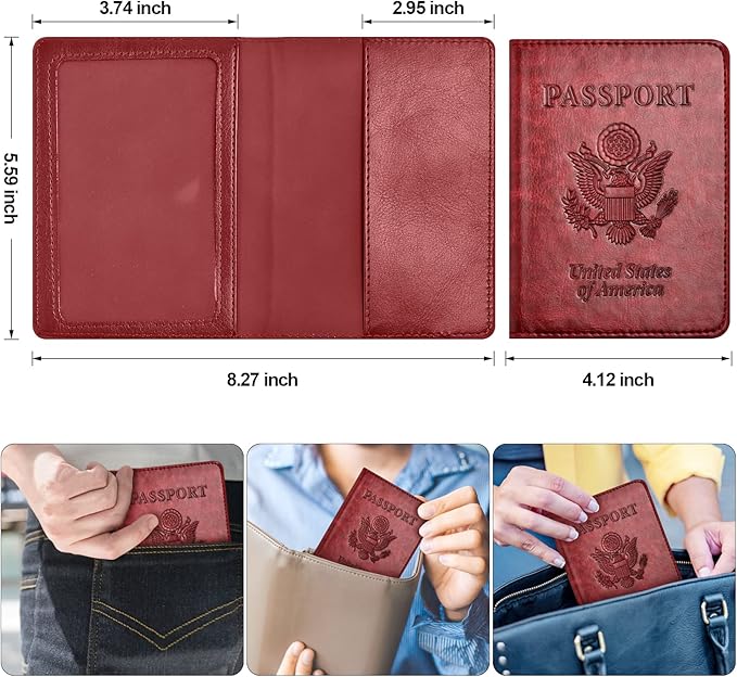 Passport and Vaccine Card Holder Combo with Vaccine Card Slot, Passport Wallet/ Cover/Case/Holder for Women and Men（AC-Wine red）