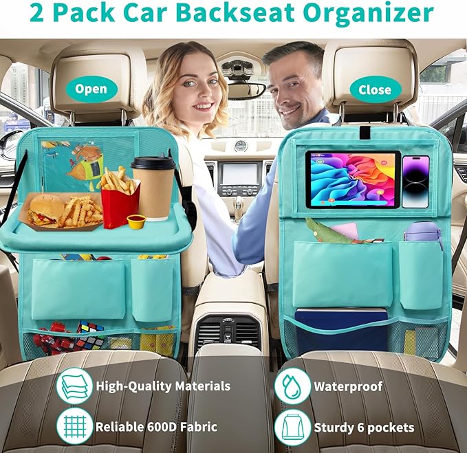 Etre Jeune Backseat Car Organizer with Tablet Holder, 6 Storage Pockets Car Storage Organizer with Foldable Food Tray, Kick Mats Travel Accessories, 2 Pack BLue