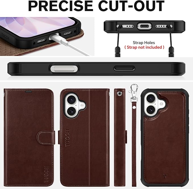 TUCCH 2-in-1 Detachable Wallet Case for iPhone 17 (6.3-inch) 2025, Wireless Charging | RFID Blocking 4 Card Holders | Wrist Strap | Kickstand | Magnetic | PU Leather Folio Cover | Chocolate Brown