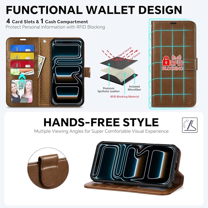 TUCCH Detachable Case Wallet for iPhone 17 Pro Max (6.9") 2025, Wrist Strap, 4 Card Holders RFID Blocking, Wireless Charging, Stand, 2-in-1 Magnetic, PU Leather, Shockproof Folio Cover, Brown