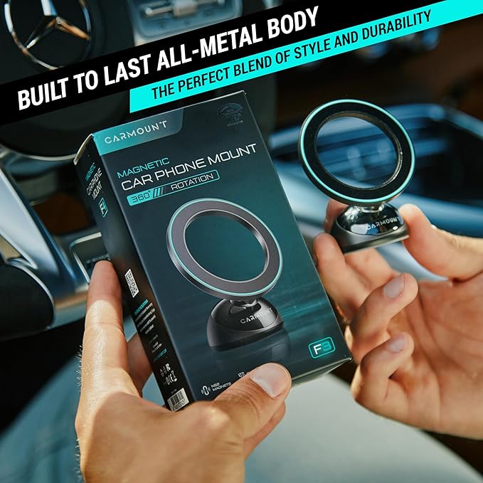 CARMOUNT F3 MagSafe Car Mount | All-Metal Magnetic Phone Dashboard Holder with N52 Magnets Super Strong Hold | 360° Rotation | Universal Compatibility for iPhones Pro Max & All Devices
