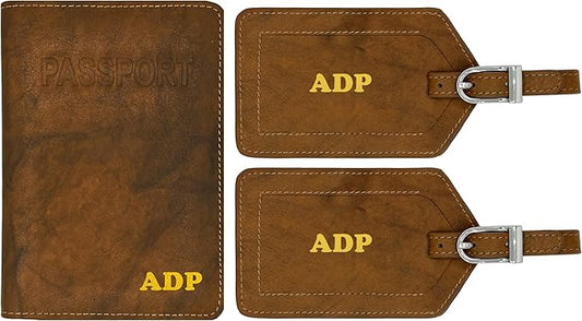 Personalized Monogrammed Antique Saddle Leather RFID Passport Cover Holder and 2 Luggage Tags