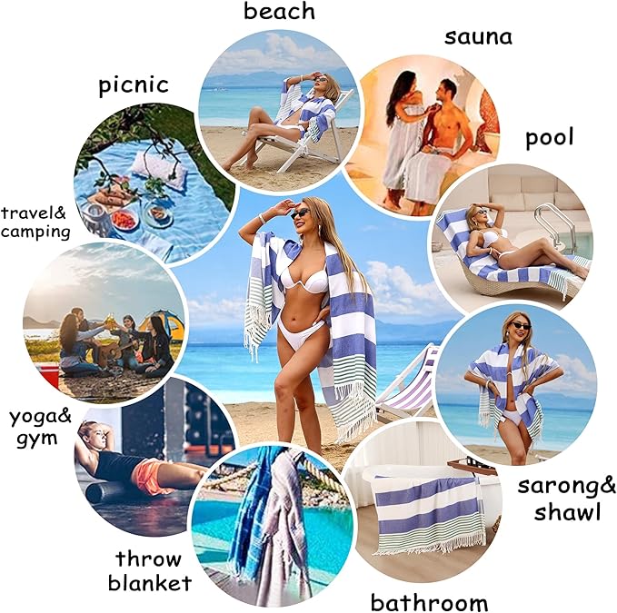 Beach Towel 2 Pack, Sand Free Oversized 39 x 72, Turkish Quick Dry Towel, Lightweight Pool Travel Towel, Cool Beach Essentials Super Absorbent