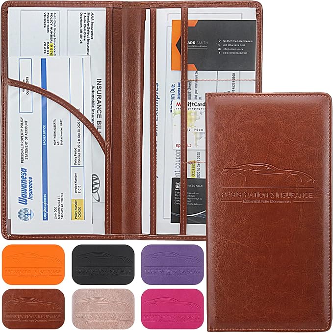 Premium Car Registration & Insurance Card Holder with Magnetic Shut, Vehicle Glove Box Car Organizer - For Documents, Cards, License (Brown)