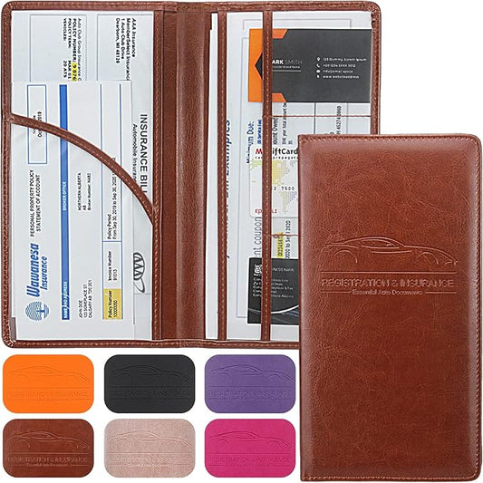 Premium Car Registration & Insurance Card Holder with Magnetic Shut, Vehicle Glove Box Car Organizer - For Documents, Cards, License (Brown)