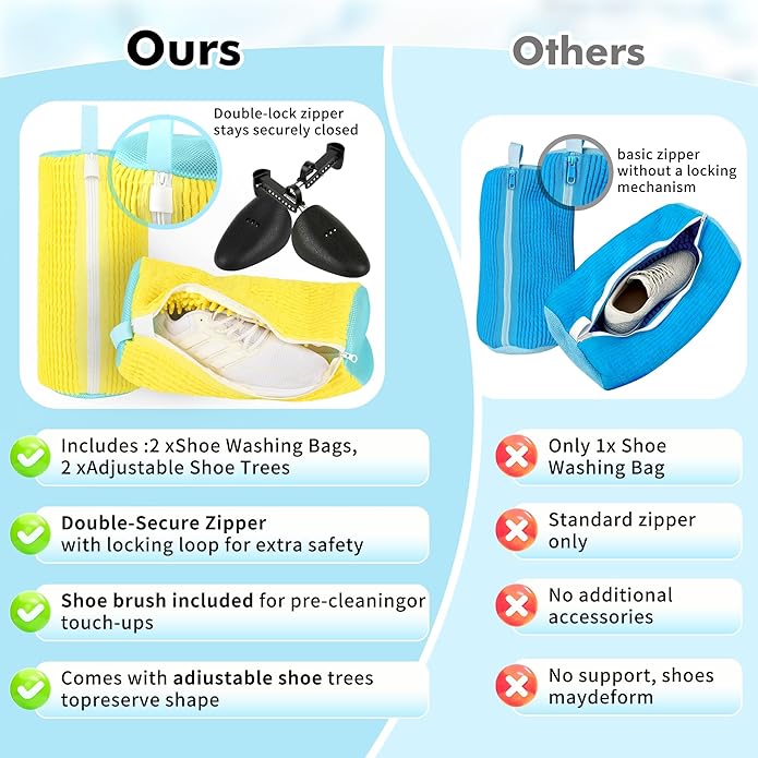 (2-Pack) Shoe Washing Machine Bag with 4 Shoe Trees, Sneaker Laundry Bags for Washer & Dryer, 360° Protective Mesh Shoe Cleaning Bag with Self-Locking Zipper and Safely Wash Shoes in Washing Machine.