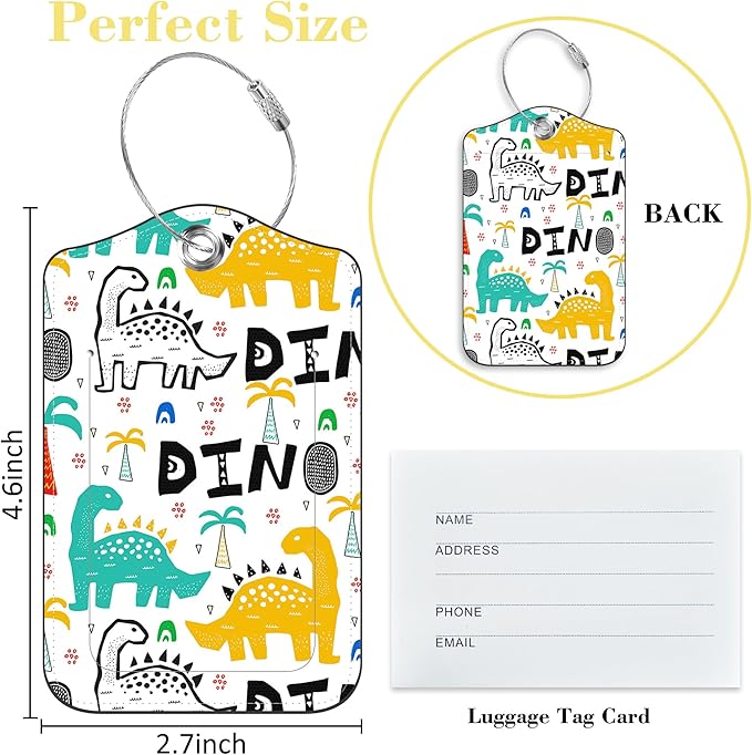 2 Pack Luggage Tags for Suitcase,PU Leather Travel Cruise Luggage Tag with Privacy Cover,Name ID Label and Steel Ring,Travel Essentials for Women Men (Dinosaur with Palms)