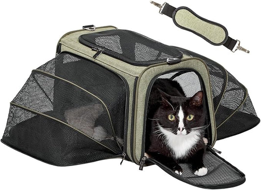 Petsfit Expandable Cat Dog Carrier Airline Approved, 17" L x 11" W x 11" H Soft-Sided Portable Pet Travel Carrier for Kitten, Puppy, Removable Soft Plush Mat and Pockets, Auto-Locking Zippers
