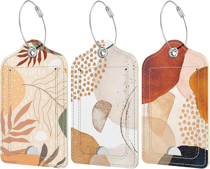 Rimilak 3 Pcs PU Leather Luggage Tags for Suitcase, Travel Cruise Luggage Tag with Privacy Flap, Name ID Label and Metal Loop for Women Men Baggage Handbag School Bag Backpack, Modern Abstract Art