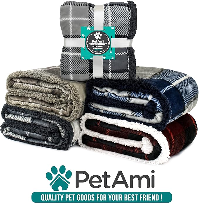 PetAmi Waterproof Dog Blanket for Medium Large XL Dog Puppy Cat Throw for Couch Cover Leakproof Protection, Sherpa Fleece, Reversible Soft Washable 80x60 Plaid Light Gray