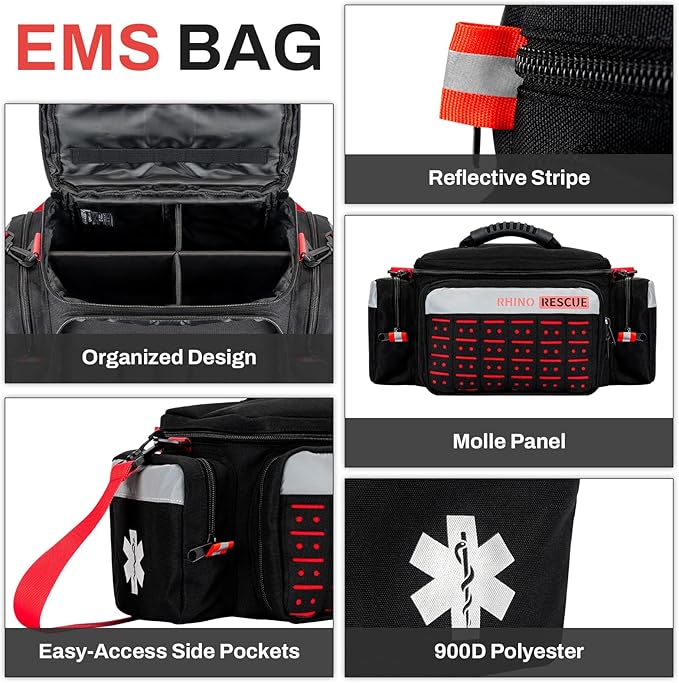 RHINO RESCUE First Responder First Aid Kit Fully-Stocked EMT Bag, Professional EMT/EMS Trauma Medical Kit, Molle System & Reflective Stripe, 300+ First Aid Supplies, Suits for Business, Home (Black)