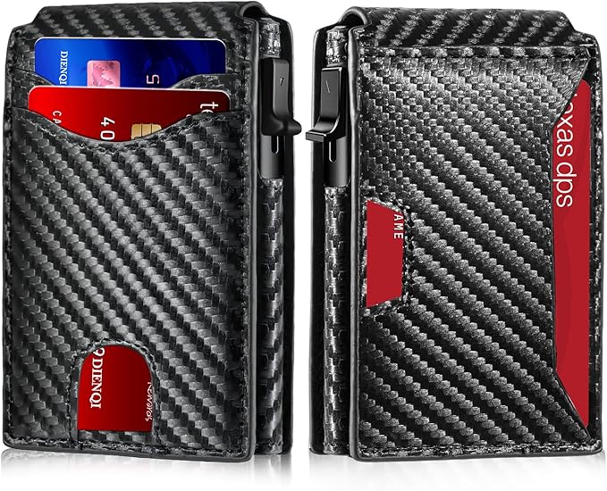 Wallet for Men, Pop Up Bank Credit Card Holder Case, RFID Blocking, Compact, Smart, Slim, Minimalist, Thin, 11 Cards Capacitiy | ID Window | Aluminum Metal | Carbon Fiber Pattern | Women (Black)