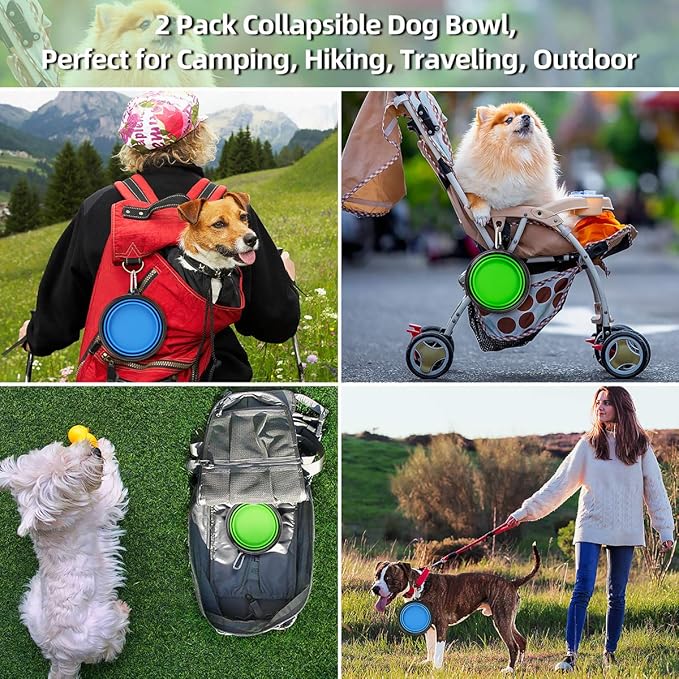 Kytely Large Collapsible Dog Bowls 2 Pack, 34oz Foldable Dog Travel Bowl, Portable Pet Water Food Bowl with Clasp, Pet Cat Feeding Cup Dish for Traveling, Walking, Hiking (Blue+Green)