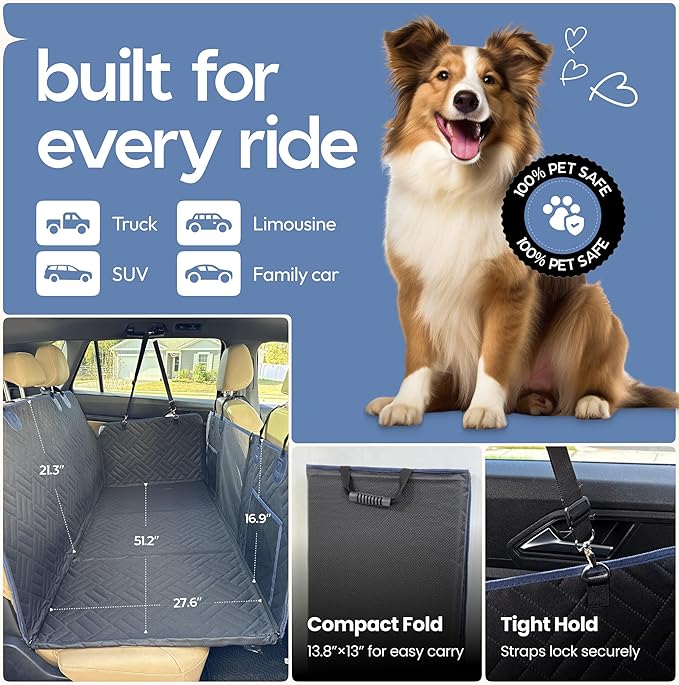 Dog Seat Cover for Back Seat Hard Bottom, XL Backseat Extender for Large Dogs (+420 lbs), Waterproof Dog Car Hammock with Door Protectors, Non-Slip Heavy-Duty Pet Seat Cover for Truck, SUV & Car