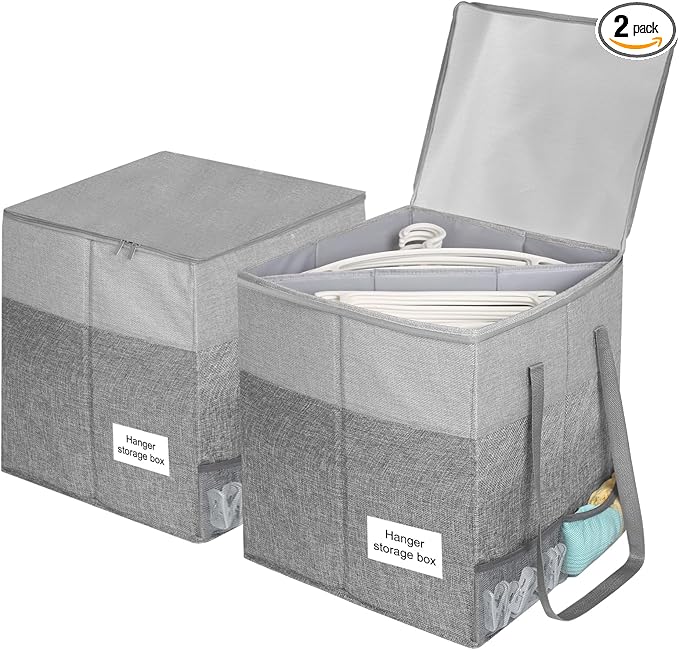 2 Pack Clothes Hanger Organizer Bag with Lid, Rigid Hanger Storage Containers,Hanger Caddy Organizer Box with Handle and Label Window Keep Closet Laundry Rooms Tidy (17 inch Height,Grey)