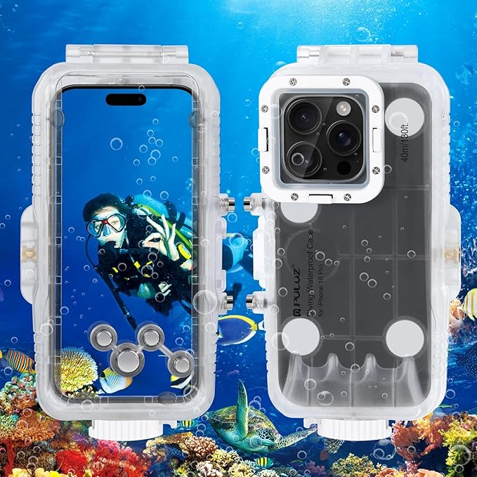 PULUZ Diving Phone Case for iPhone 16 Pro, 130ft/40m Professional Diving Snorkeling Swimming Surfing Underwater Housing Cover for iPhone 16 Pro, Photo & Video Shooting