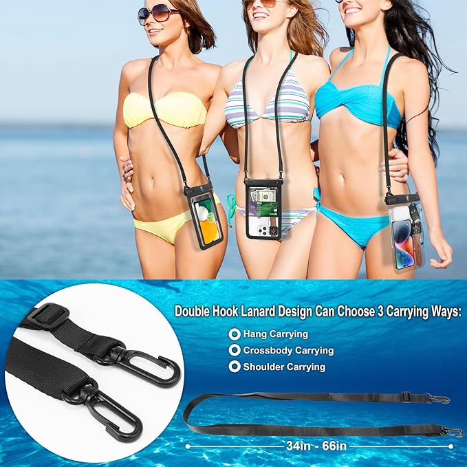[Up to 10"] Tekcoo Large Capacity Waterproof Phone Case IPX8 [2-Pack] Black Pouch Lanyard Vacation Dry Bag for iPhone 17/16/15/14/13/12 Pro Max/Pro/Air/SE, Galaxy S25/S24 FE/S23/S22/A17/A15/A14/A36