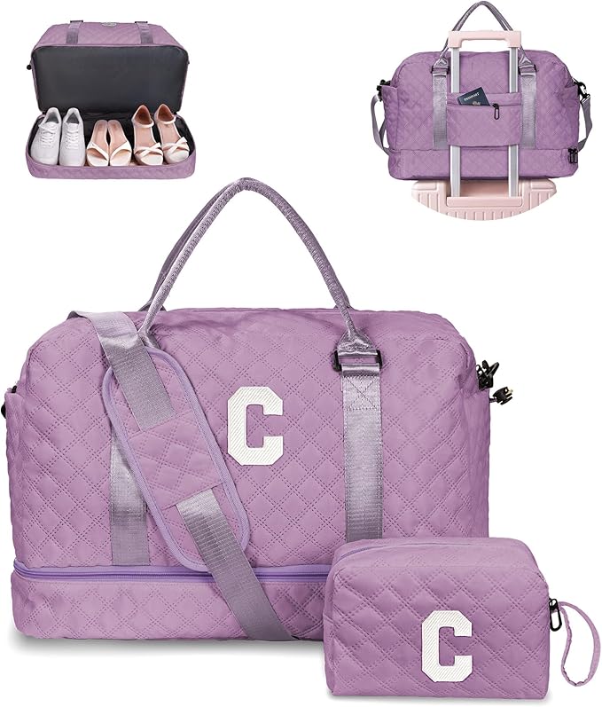 Vogewood Birthday Gifts for Women-Initial Duffle Bag with Shoe Compartment, Personalized Weekender Bag, Monogram Overnight Bag, Letter Travel Bag with Makeup Bag，Friend Wife Birthday Gift (Letter C)