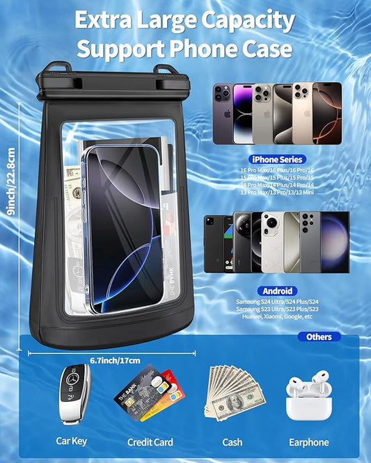 Large Waterproof Phone Pouch - [Oversized] [Floating] Water Proof Pouch for iPhone Galaxy Google and More, IPX8 Waterproof Dry Bag for Beach Vacation Belongings Clear Black