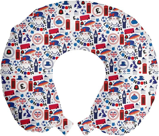 Ambesonne London Travel Pillow Neck Rest, Pattern with London Queen Elizabeth Umbrella Tea Party Map Travel Theme, Memory Foam Traveling Accessory for Airplane and Car, 12", Ruby Blue