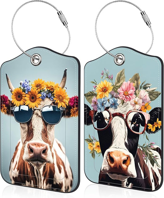 2 Pack Luggage Tag for Suitcase Cool Cow in Sunglasses Leather Travel Cruise Luggage Tag with Stainless Steel Loop Name ID Label Privacy Cover for Adults Teens Travel Bag Labels Set