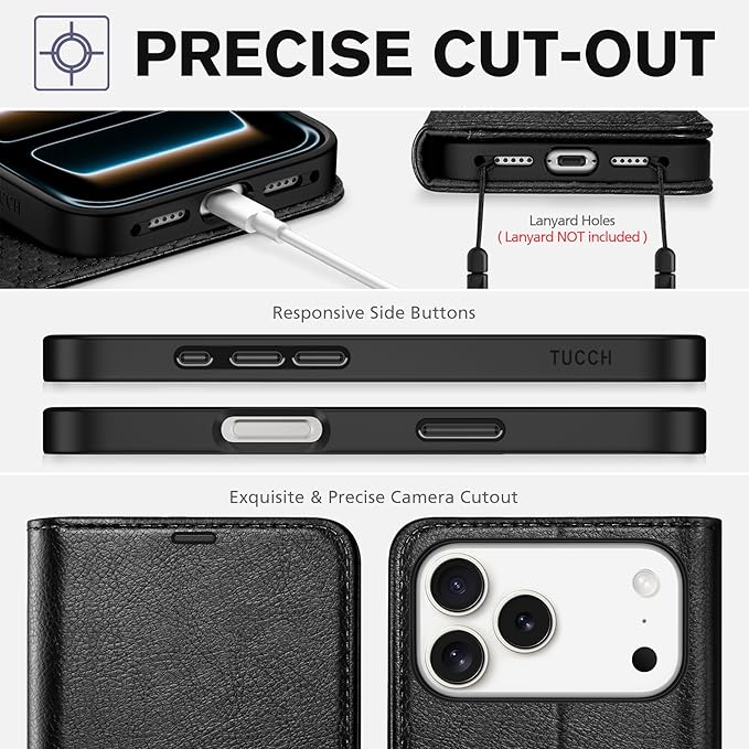 TUCCH Case Wallet for iPhone 17 Pro Max (6.9-Inch) 2025, RFID Blocking 4 Card Slots, Kickstand, Magnetic Closure, PU Leather, Shockproof TPU Shell, Protective Folio Cover, Textured Black