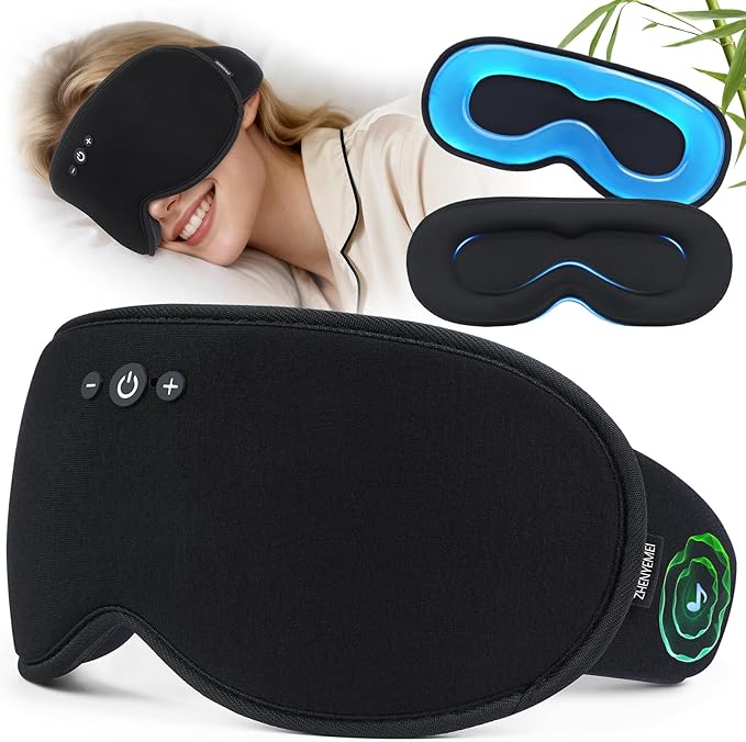 Smart Bluetooth Bamboo Cotton Sleep Mask Headphones, 3D Weighted Compress Cooling Gel Eye Mask 100% Blackout Sleep Mask Zero Eye Pressure|Warm&Cooling mask Hot Cold Therapy Sleep Headphones