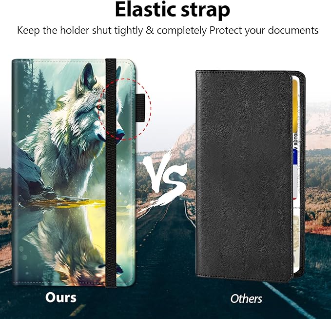 Car Registration & Insurance Holder, Leather Glove Box Organizer, Cool Accessories for ID, Driver's License Cards & Essential Documents, Business Cards, Men & Women, Forest Wolfs