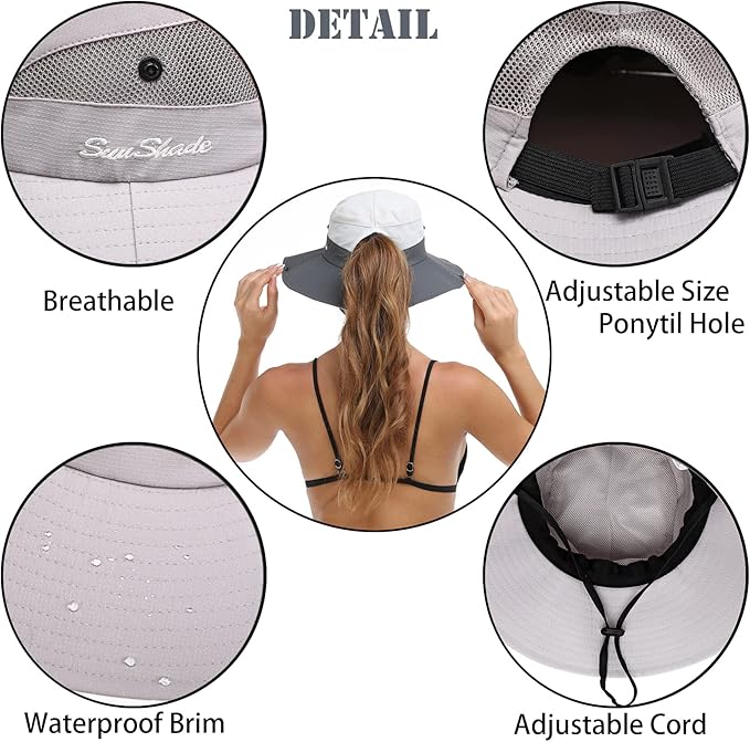 Womens Summer Sun Hat Beach Hat Wide Brim Outdoor UV Protection Hat Foldable Cool Mesh Ponytail Bucket Hat
