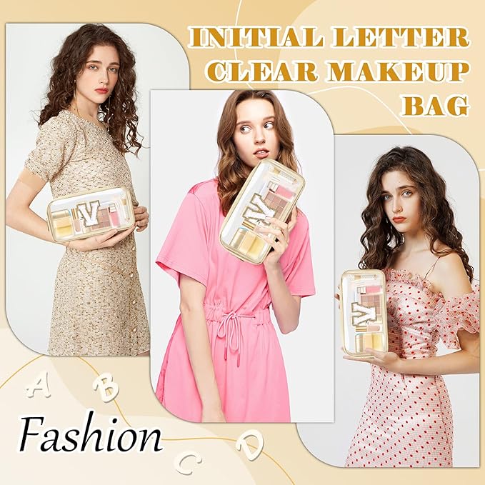 Personalized Initial Letter Clear Makeup Bag,Preppy Small Nylon&PVC Cosmetic Zipper Bag with Chenille Letter,Portable Beach Travel Skincare Toiletry Bag,Trendy Monogram Gift for Teen Girls Women,V