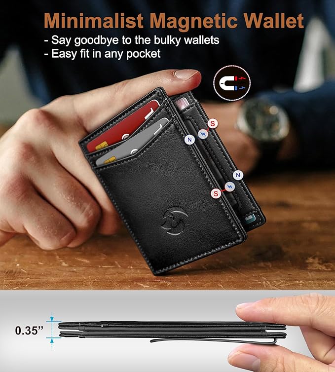Housmai Magnetic Closure Slim Wallet for Men with Money Clip Gift Boxed,Genuine Leather Front Pocket Wallet, 3.9"x 2.7", RFID Blocking