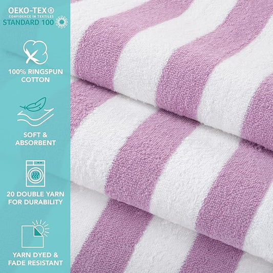 Arkwright California Cabana Stripe Beach Towel - Pack of 4, Large Soft Quick Dry Cotton Terry Towels Set for Pool, Swim, and Hot Tub, Oversized 30 x 70 in, Lavender