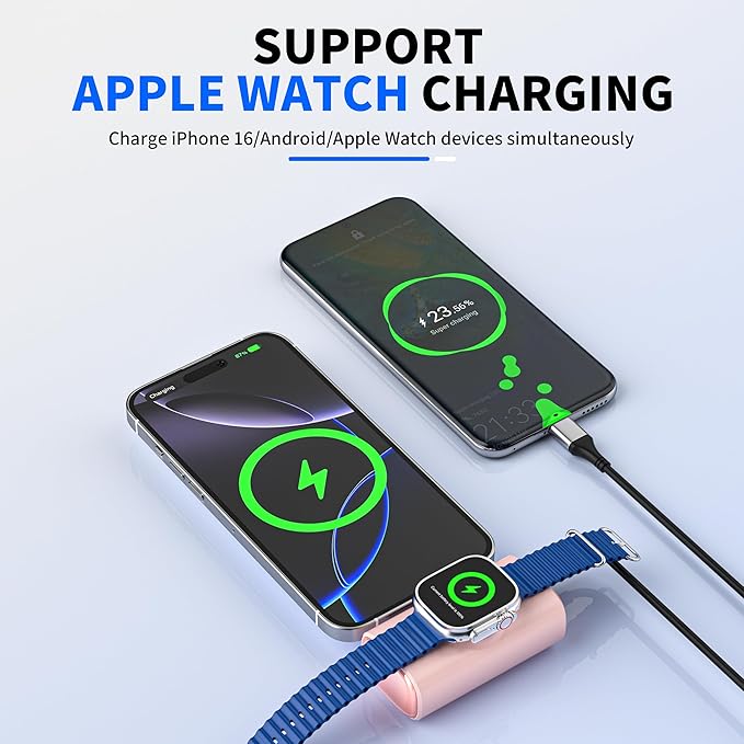 ZBF Portable Charger, 5000mAh Pocket-Size Power Bank, 20W PD Fast Charging with Built-in USB-C Charging Port, Travel Battery Pack for Apple Watch Ultra SE/11/10/9/8 Phone 17/16/15 etc. (Light Pink)