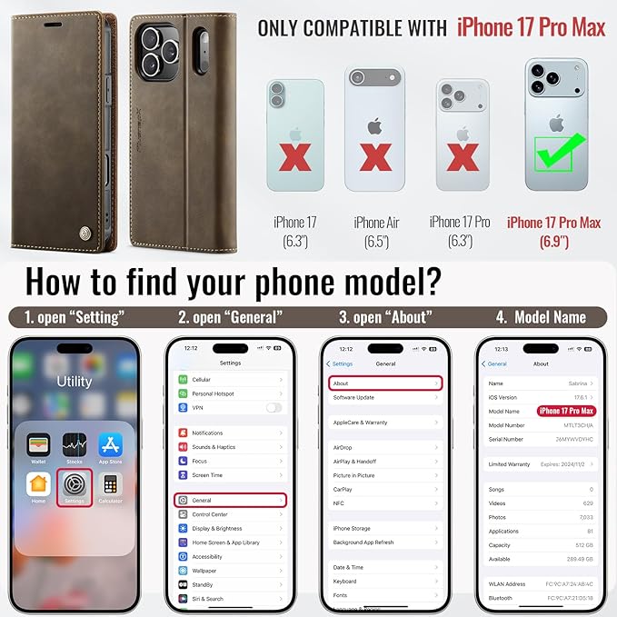 PlusnapX Wallet Case for iPhone 17 Pro Max Compatible with Magsafe, 2-in-1 PU Leather Flip RFID Blocking Card Holder Stand Shockproof Magnetic Detachable Cover for iPhone 17 Pro Max Case 6.9", Brown