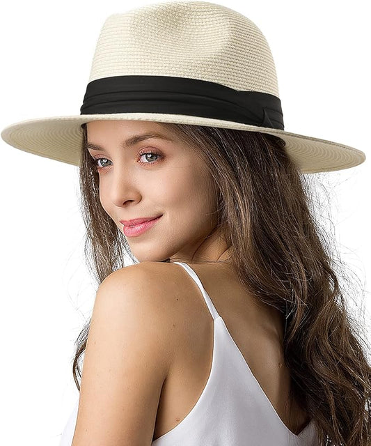 FURTALK Womens Mens Wide Brim Straw Panama Hat Fedora Summer Beach Sun Hats UPF Straw Hat for Women
